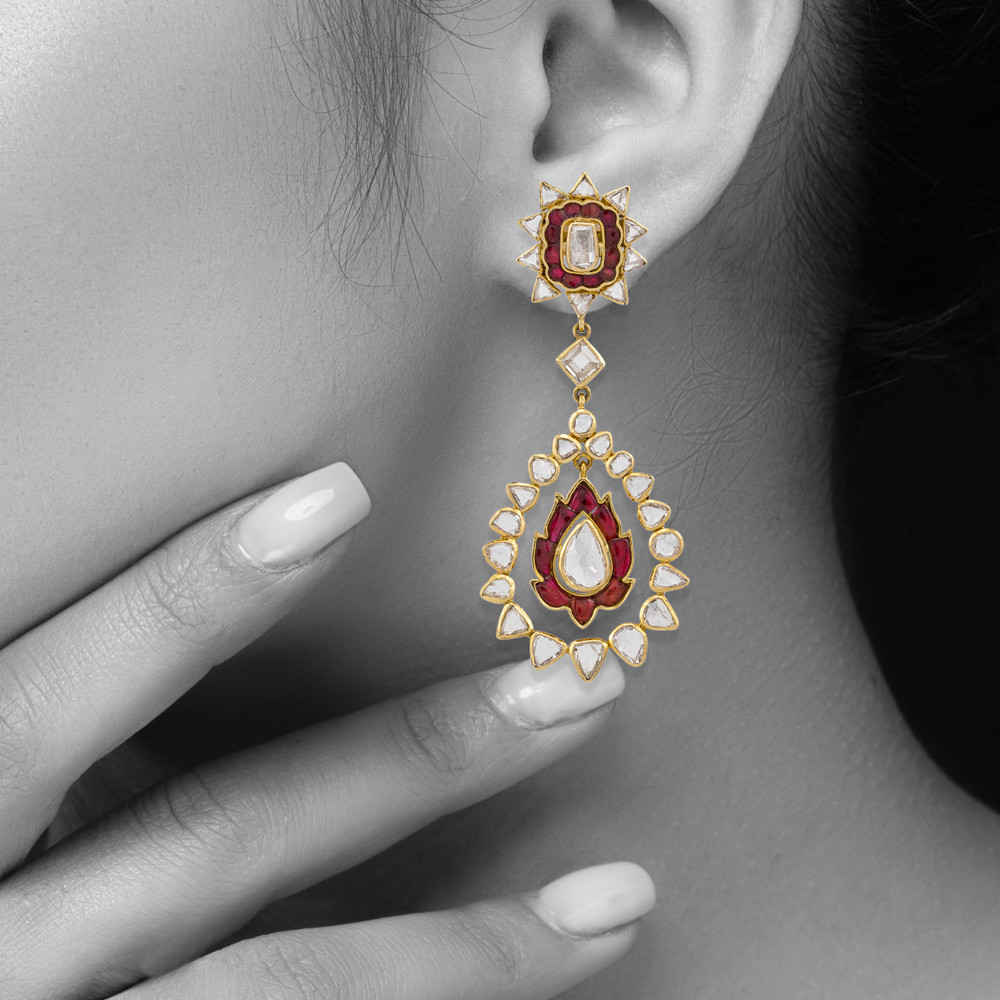 Red Talaf Rosecut Polki Drop Earrings